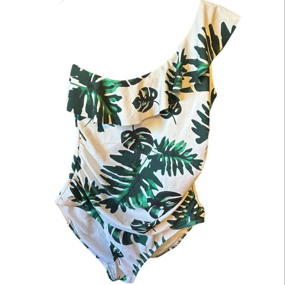 Hilor One Shoulder Ruffle Palm Leaf One-piece Swimsuit Med-Large - Picture 1 of 15